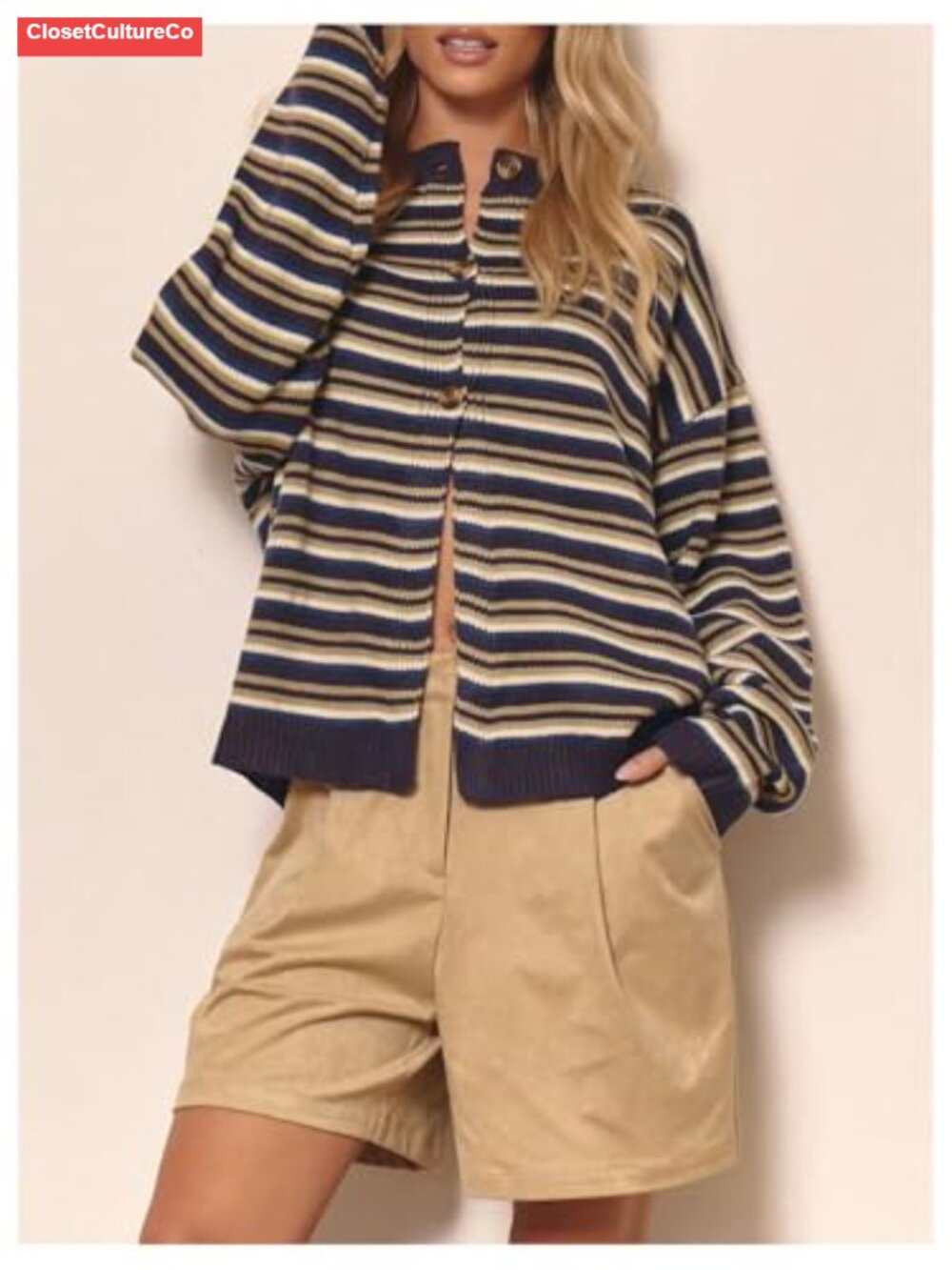 SOLY HUX Womens Striped Button Front Cardigan Sweater Oversized Knit Long Sleeve - Picture 2 of 4